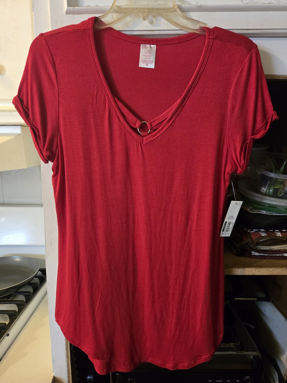 Women’s Red V-Neck Short Sleeve Blouse with Ring Detail